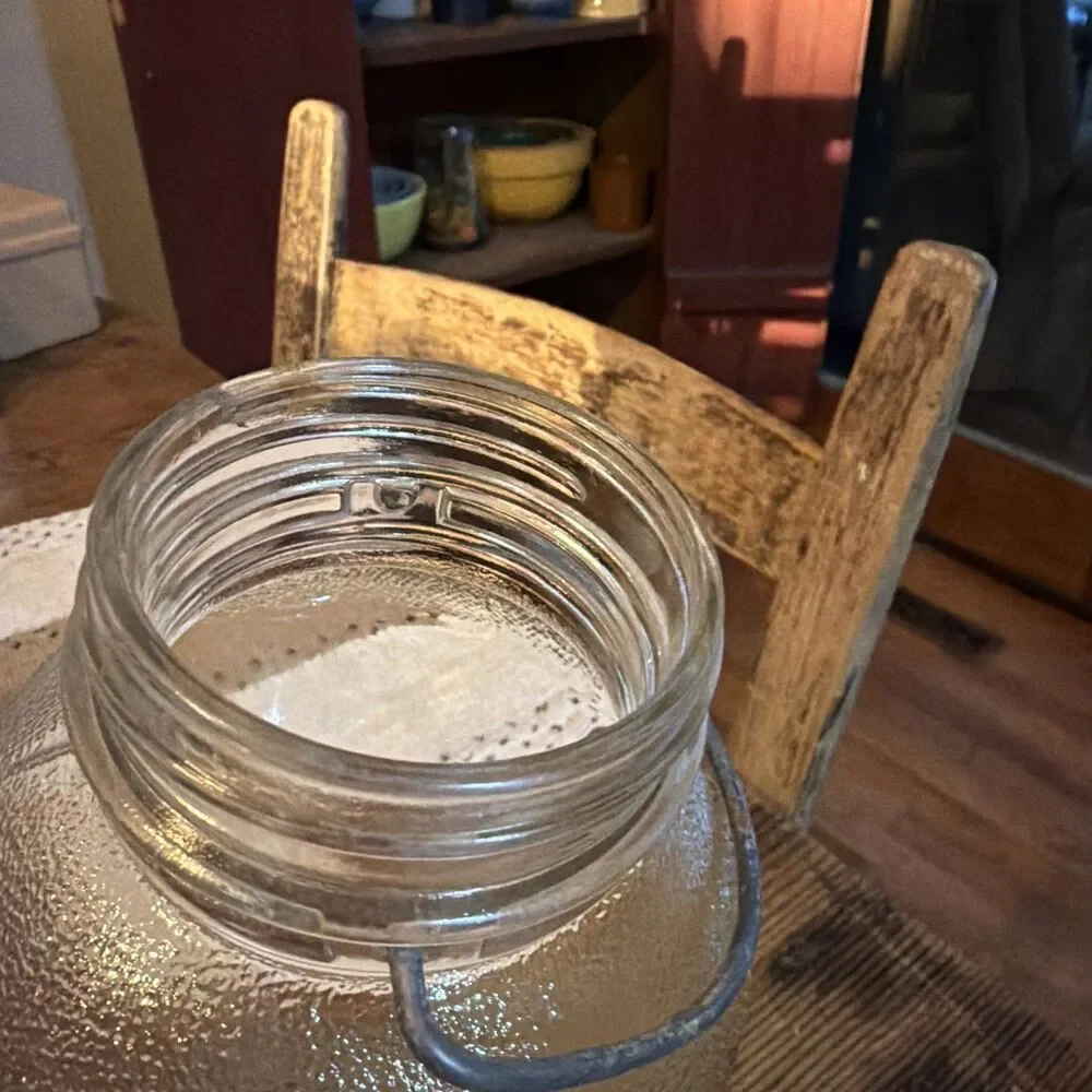 Hazel-Atlas Vintage Syrup Pail with Wire Bail Handle Clear Pebbled Shoulder 8in